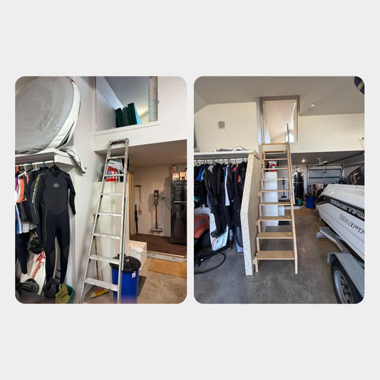 Before and After image of a folding staircase in a garage freeing up floor space