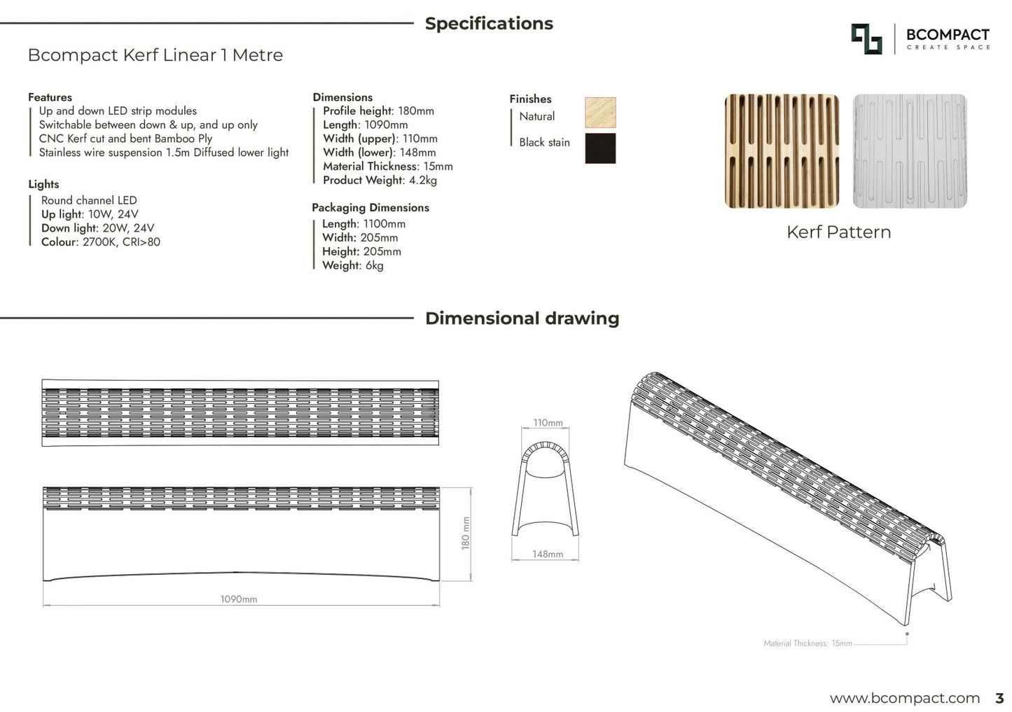 Kerf Linear Light - 1m/39.37". Bamboo. LED. 20W. Stainless Wire Suspension