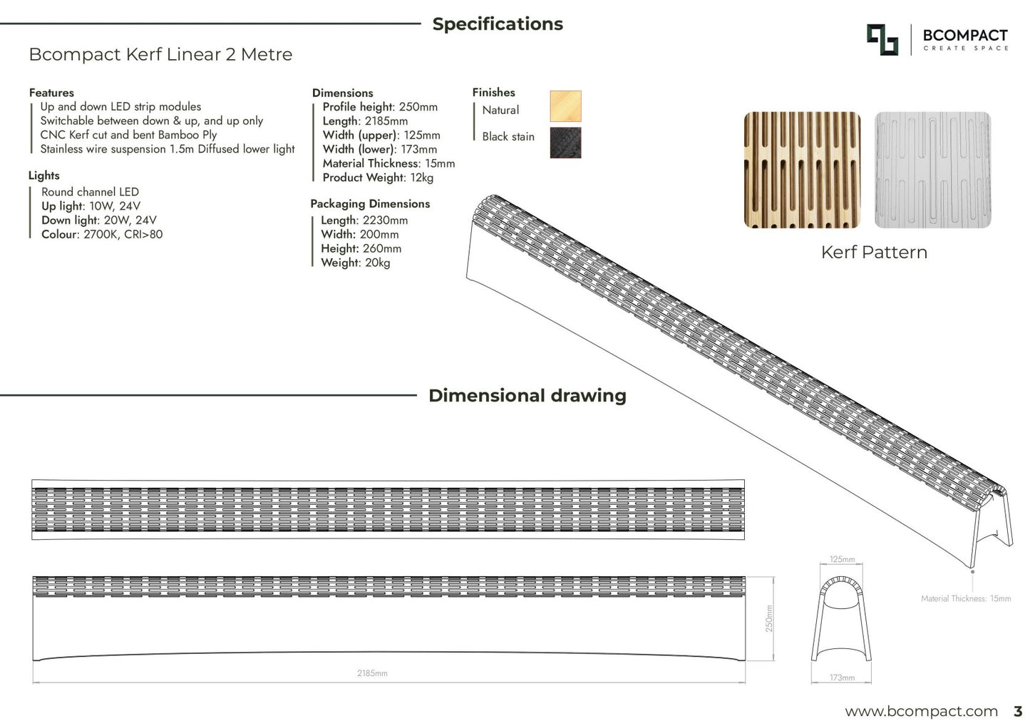 Kerf Linear Light - 2m/78.74". Bamboo. 20W LED. Stainless Wire Suspension