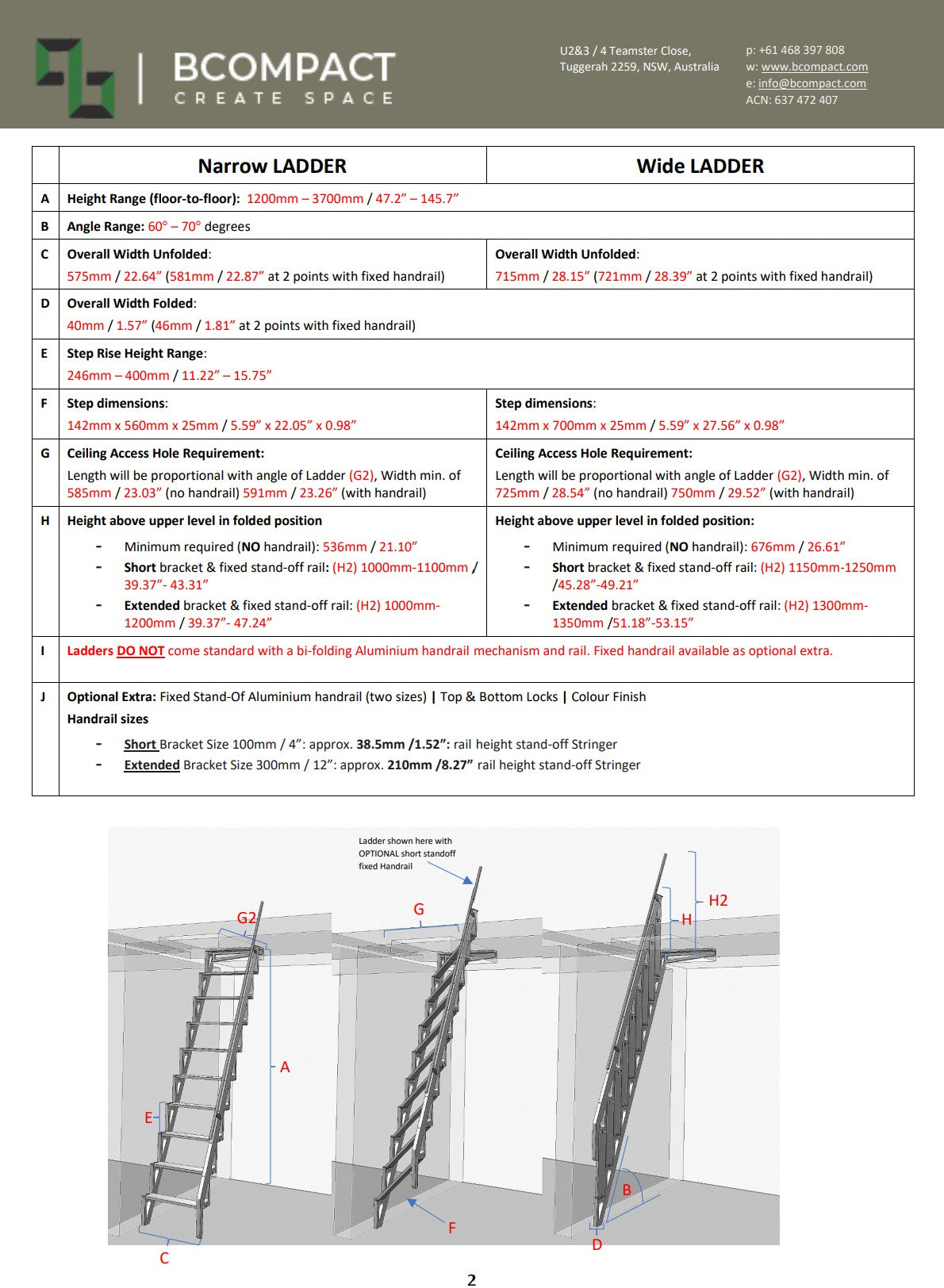 Side Folding Ladder - 2.2m/86.61" Height - Customized from 1.2m/47.2" to 3.7m/145.7". Wall Mounted