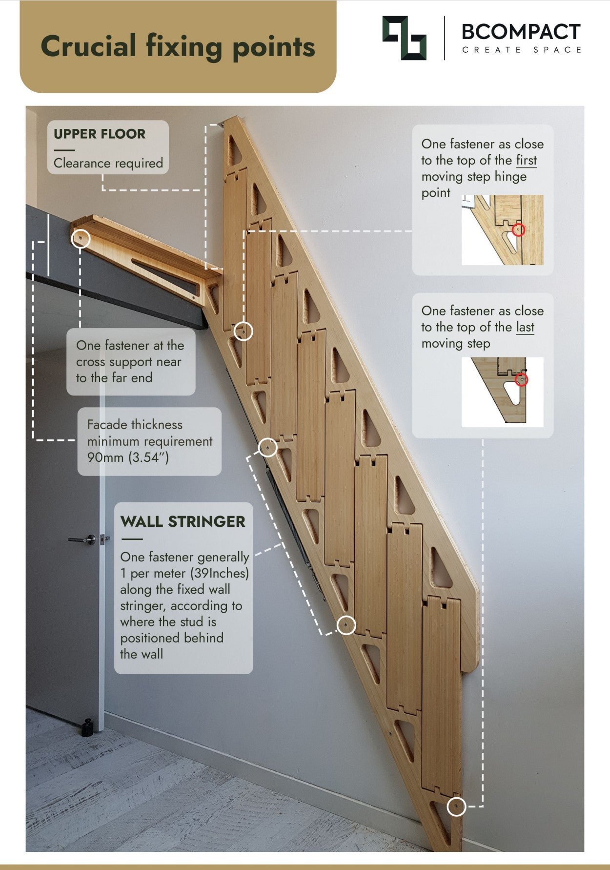 Side Folding Staircase - 2200mm/86.61" Height; (available from 1200mm/47.2" - 3400mm/133.9") Compact, Comfort or Premium available